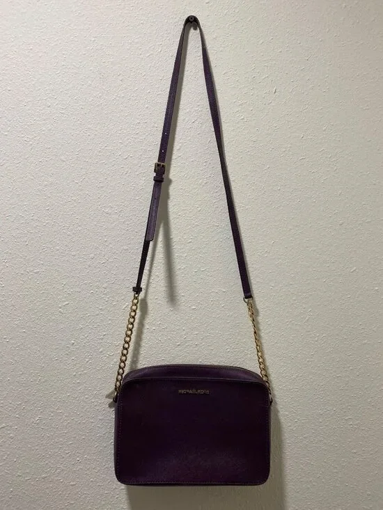 Michael Kors Crossbody Bag Purple Saffiano Leather Gold Chain Strap - Picture 2 of 12